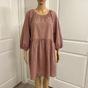 Madewell Gingham Seersucker Raglan Puff-Sleeve Mini Dress. Rust/White. Size 8.